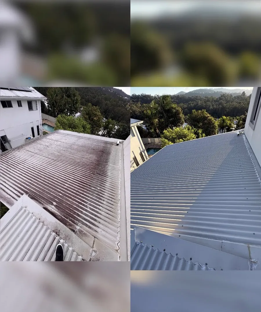 Before and after professional cleaning of a corrugated metal roof